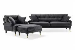Andrew Sofagruppe (3 Pers. Sofa, Lænestol Og Puf), Mørkegrå Velour