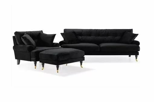 Andrew Sofagruppe (3 Pers Sofa, Lænestol Og Puf), Sort Velour -Sofaer Butik 90001006448