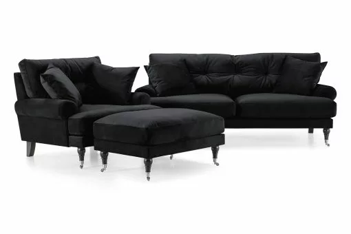 Andrew Sofagruppe (2 Pers. Sofa, Lænestol Og Puf), Sort Velour -Sofaer Butik 90001006550