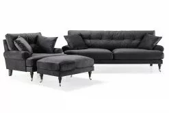 Andrew Sofagruppe (3 Pers. Sofa, Lænestol Og Puf), Mørkegrå Velour