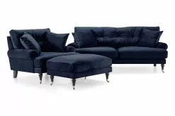 Andrew Sofagruppe (2 Pers. Sofa, Lænestol Og Puf), Blå Velour