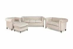 Chesterfield Deluxe Sofagruppe (3 Pers. Sofa + 2 Pers. Sofa + Lænestol Og Puf), Beige Velour