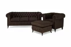 Chesterfield Deluxe Sofagruppe (3 Pers. Sofa, Lænestol Og Puf), Brun