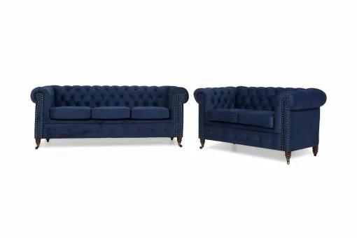 Chesterfield Deluxe Sofagruppe (3 Pers. + 2 Pers. Sofa), Blå Velour -Sofaer Butik 9000576719