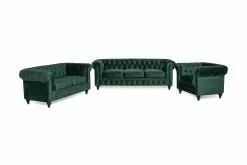Chesterfield Lyx Sofagruppe (3 Pers. Sofa + 2 Pers. Sofa + Lænestol), Mørkegrøn Velour