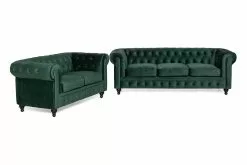 Chesterfield Lyx Sofagruppe (3+2 Pers. Sofa), Mørkegrøn Velour