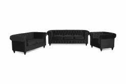 Chesterfield Lyx Sofagruppe (3 Pers. Sofa + 2 Pers. Sofa + Lænestol), Sort Velour