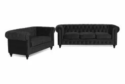 Chesterfield Lyx Sofagruppe (3+2 Pers. Sofa), Sort Velour