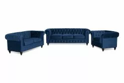 Chesterfield Lyx Sofagruppe (3+2 Pers. Sofa + Lænestol), Blå Velour