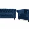 Chesterfield Lyx Sofagruppe (2 Pers. Sofa Og Lænestol), Blå Velour -Sofaer Butik 9000688631
