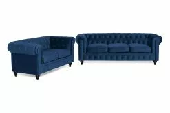 Chesterfield Lyx Sofagruppe (3+2 Pers. Sofa), Blå Velour