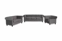 Chesterfield Lyx Sofagruppe (3+2 Pers. Sofa + Lænestol), Mørkegrå Velour