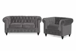 Chesterfield Lyx Sofagruppe (2 Pers. Sofa Og Lænestol), Grå Velour