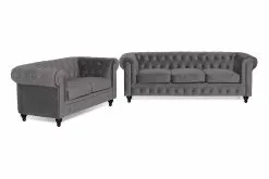 Chesterfield Lyx Sofagruppe (3 Pers. Sofa + 2 Pers. Sofa), Mørkegrå Velour