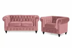 Chesterfield Lyx Sofagruppe (2 Pers. Sofa Og Lænestol), Rosa Velour