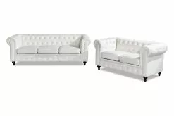 Chesterfield Lyx Sofagruppe (2 Pers. + 3 Pers. Sofa), Hvid Velour