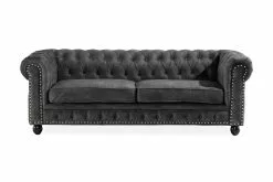 Chesterfield Setter, 3 Pers. Sofa, Mørkegrå Velour