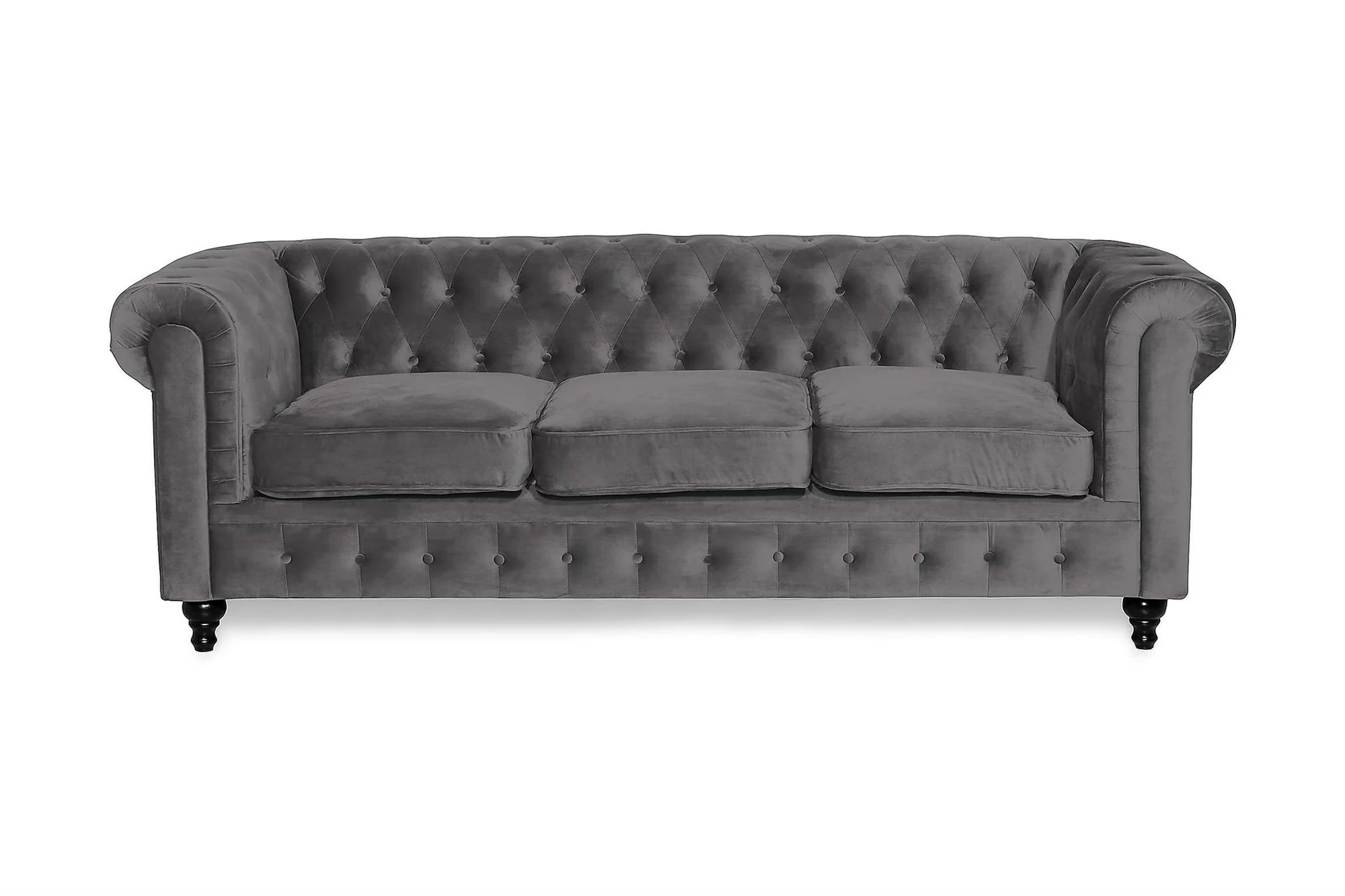 Chesterfield Lyx 3 Pers. Sofa, Mørkegrå Velour 3 Chesterfield Lyx 3 Pers. Sofa, Mørkegrå Velour