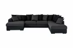 Cuba U-sofa M. Chaiselong Inkl. Løse Puder, Sort/grå (Højrevendt)